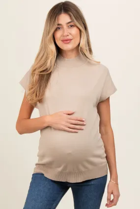 Beige Maternity Knit Top with Mock Neck