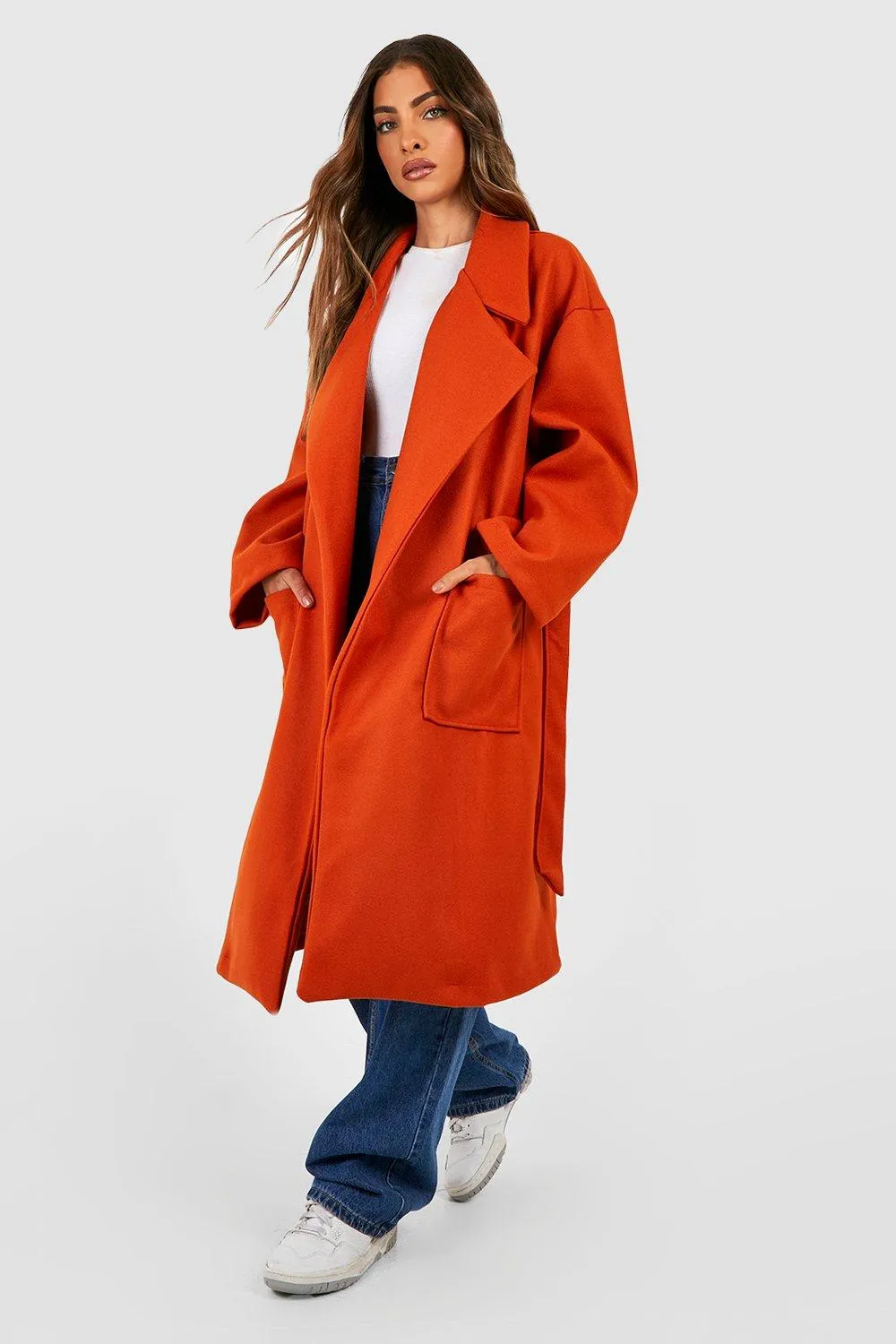 Belted Pocket Detail Wool Look Coat