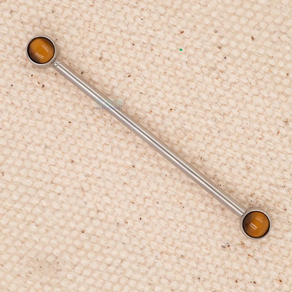 Bezel-Set Natural Stone Side-Set Industrial Barbell - TEC – Tigers Eye (14 ga. 1 3/8)