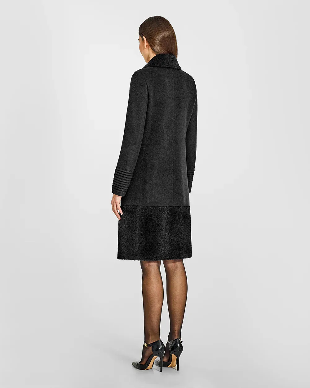 Black A-Line Coat with Bouclé Alpaca Collar - SENTALER Baby Alpaca Empire Waist