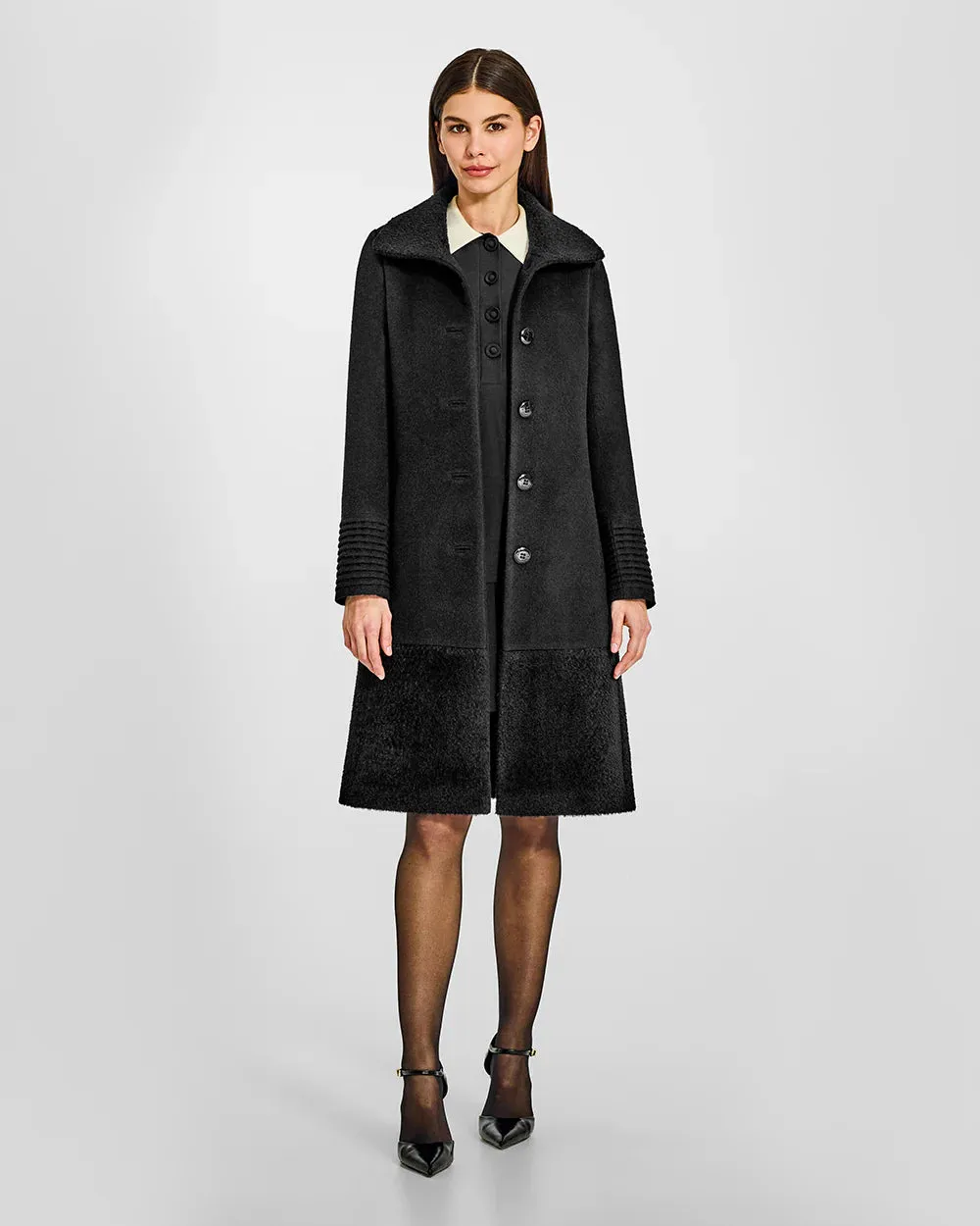 Black A-Line Coat with Bouclé Alpaca Collar - SENTALER Baby Alpaca Empire Waist