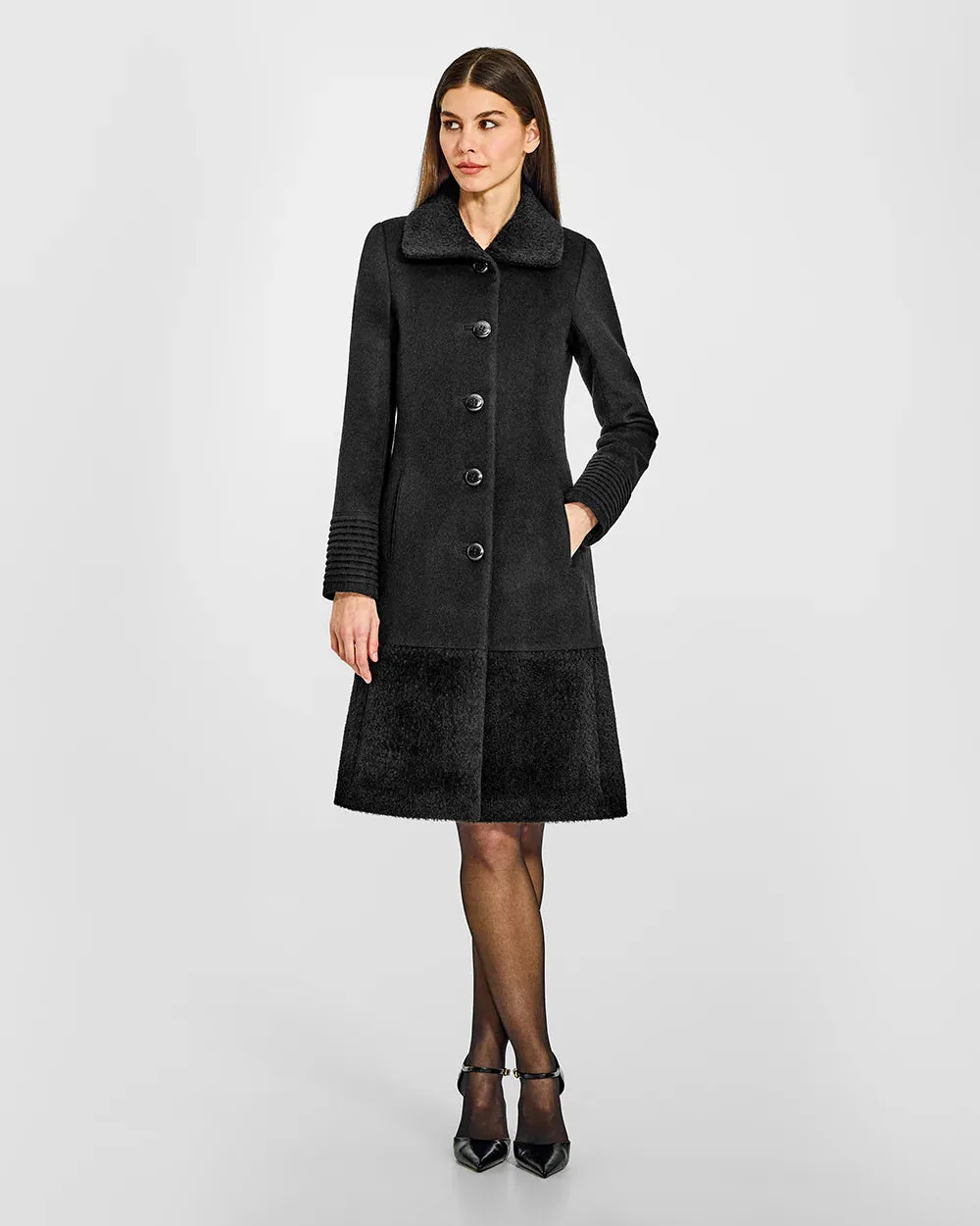 Black A-Line Coat with Bouclé Alpaca Collar - SENTALER Baby Alpaca Empire Waist