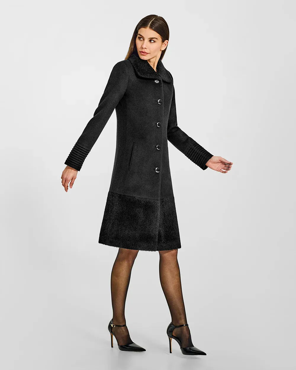 Black A-Line Coat with Bouclé Alpaca Collar - SENTALER Baby Alpaca Empire Waist