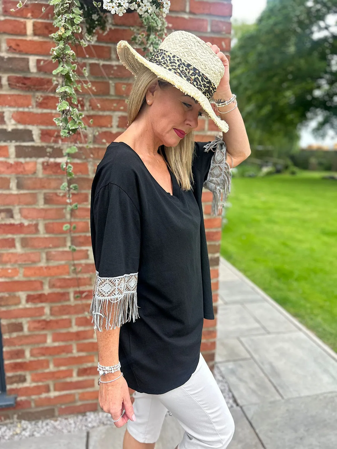 Black Crochet Fringed Sleeve Top Drew - Shop Now