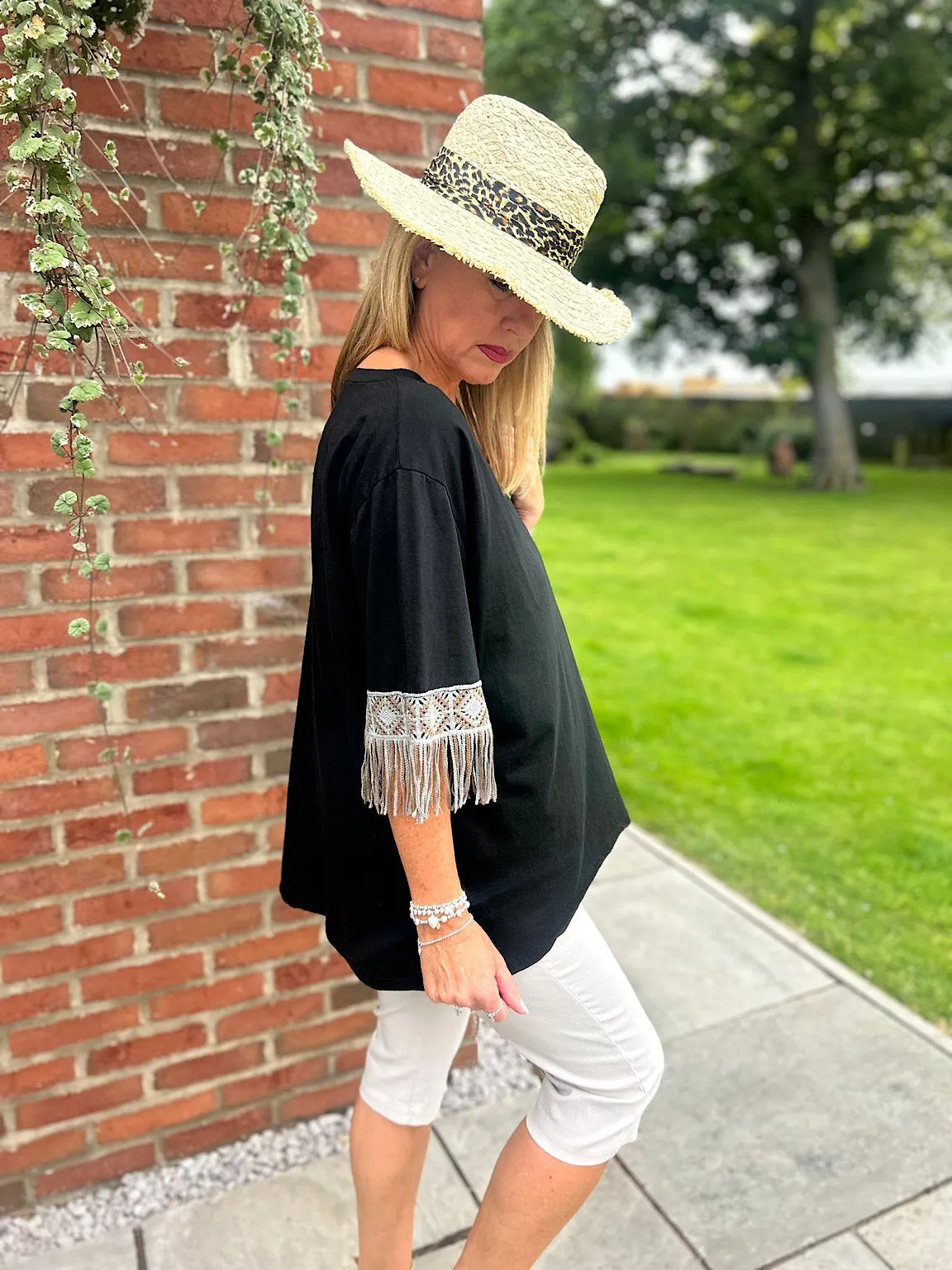 Black Crochet Fringed Sleeve Top Drew - Shop Now