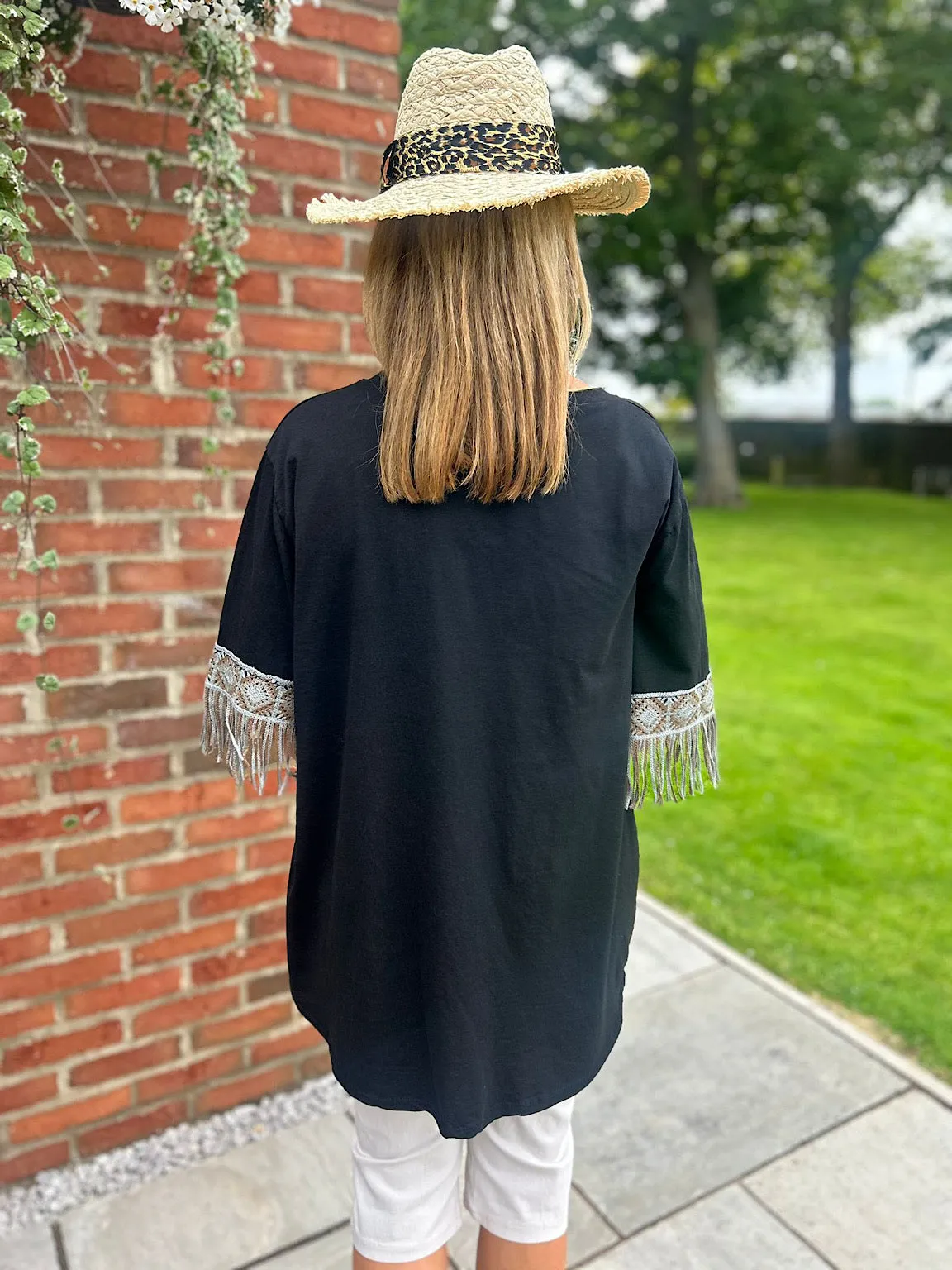 Black Crochet Fringed Sleeve Top Drew - Shop Now