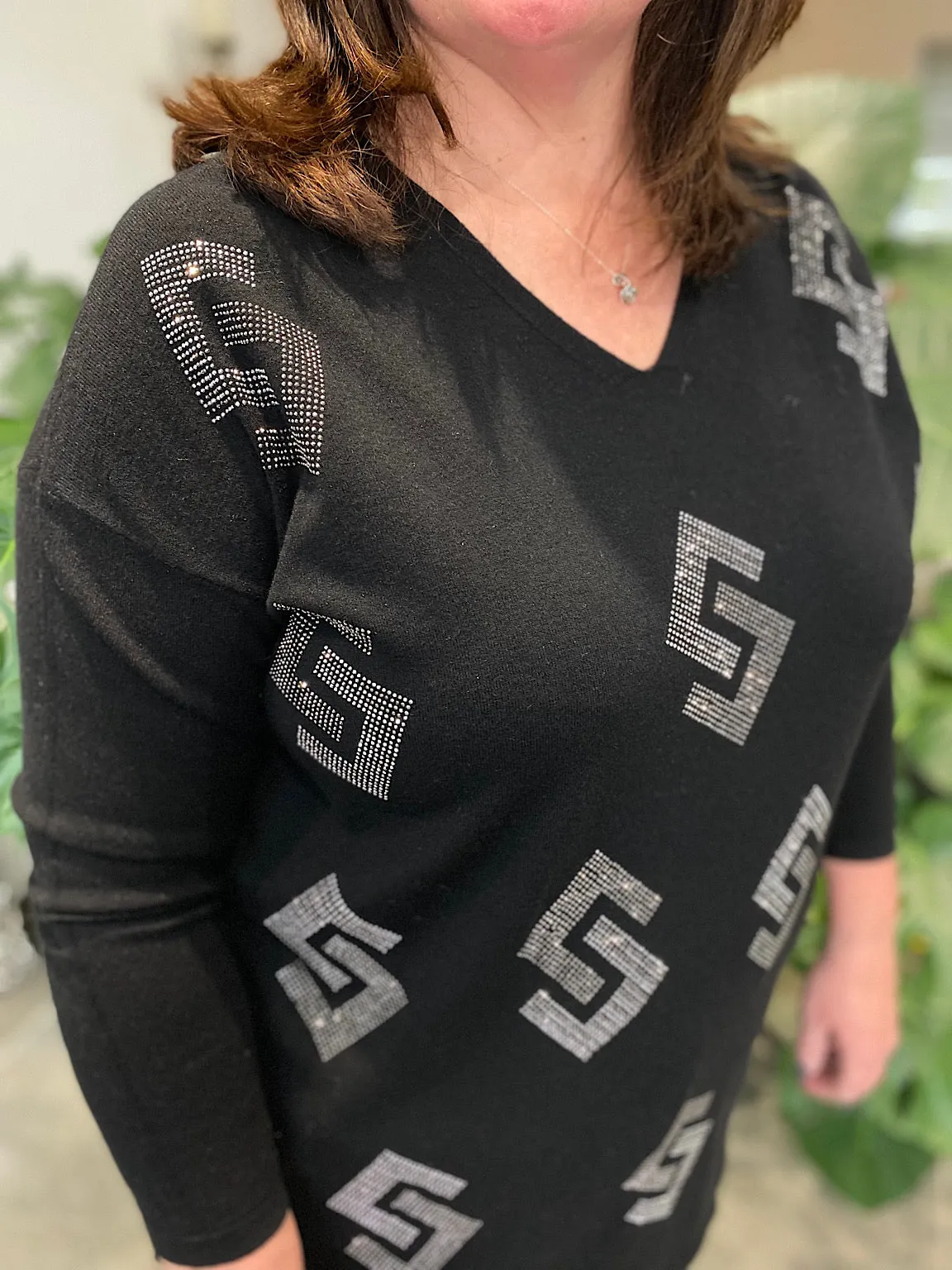 Black Greek Key Knit Gail with Diamante Embellishments