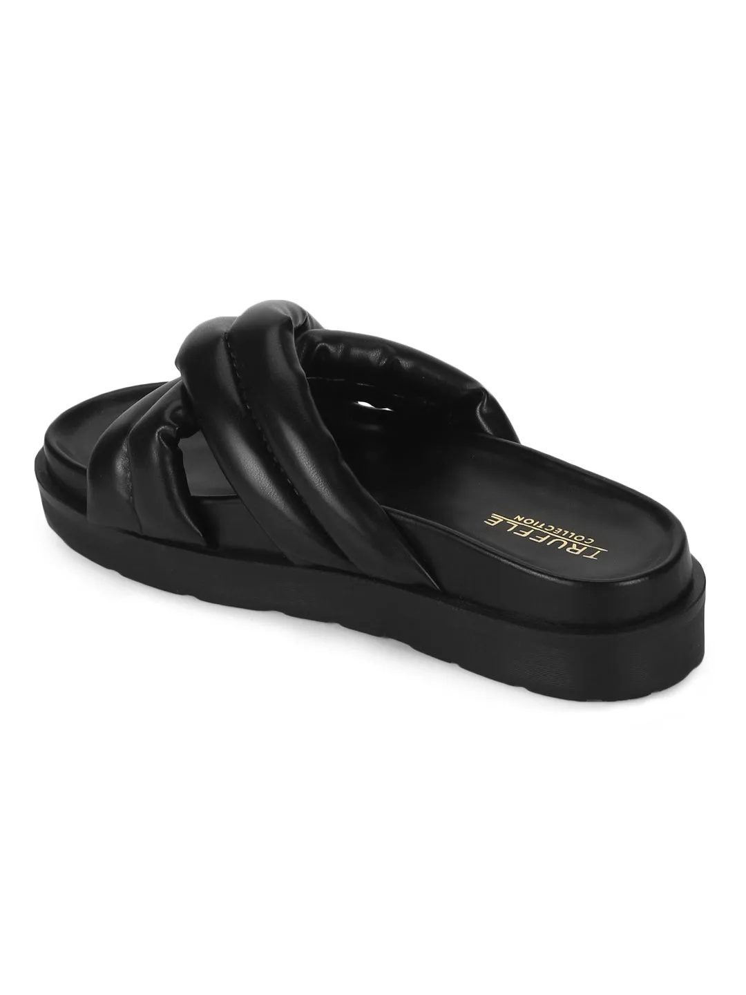 Black PU Crisscross Quilted Slides