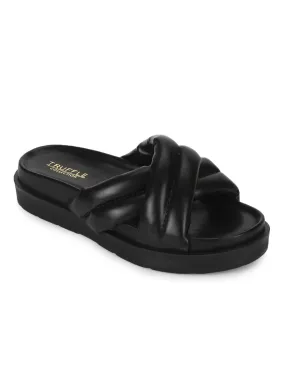 Black PU Crisscross Quilted Slides