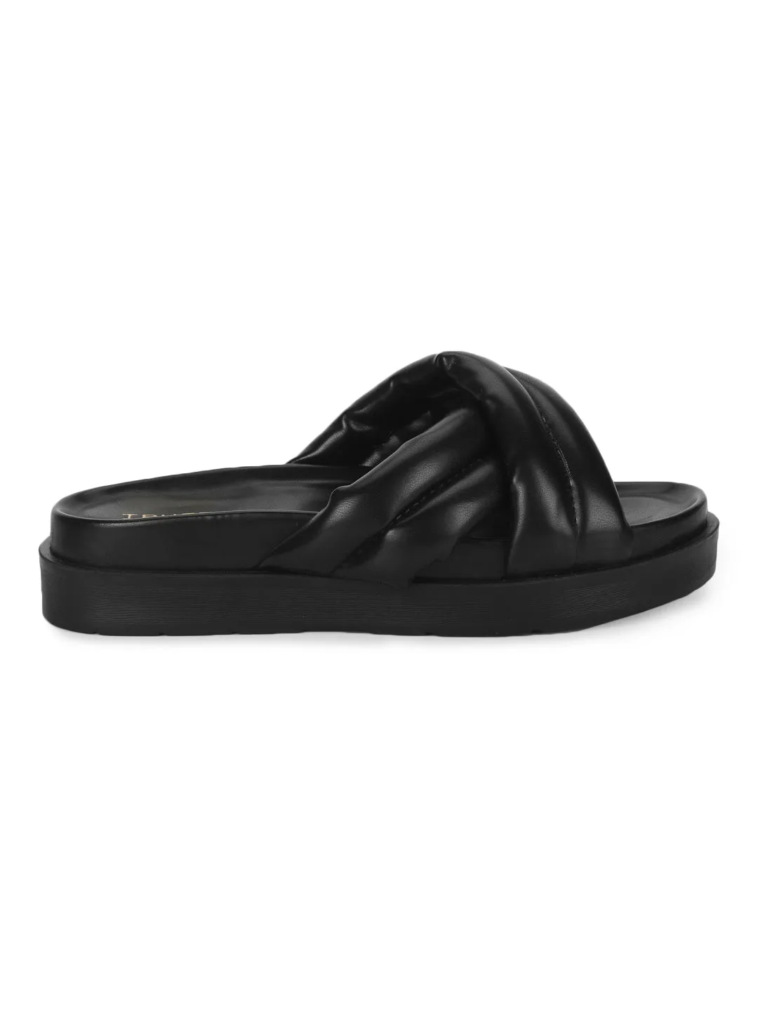 Black PU Crisscross Quilted Slides