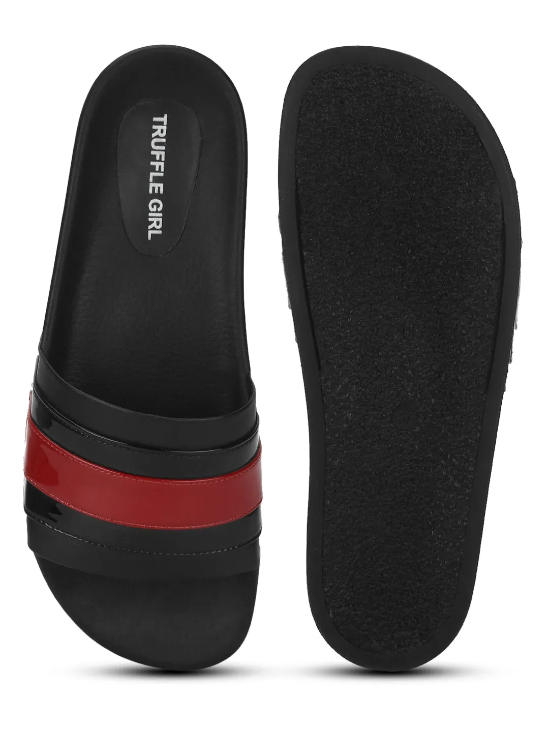 Black PU Slides with Black-Red Stripes