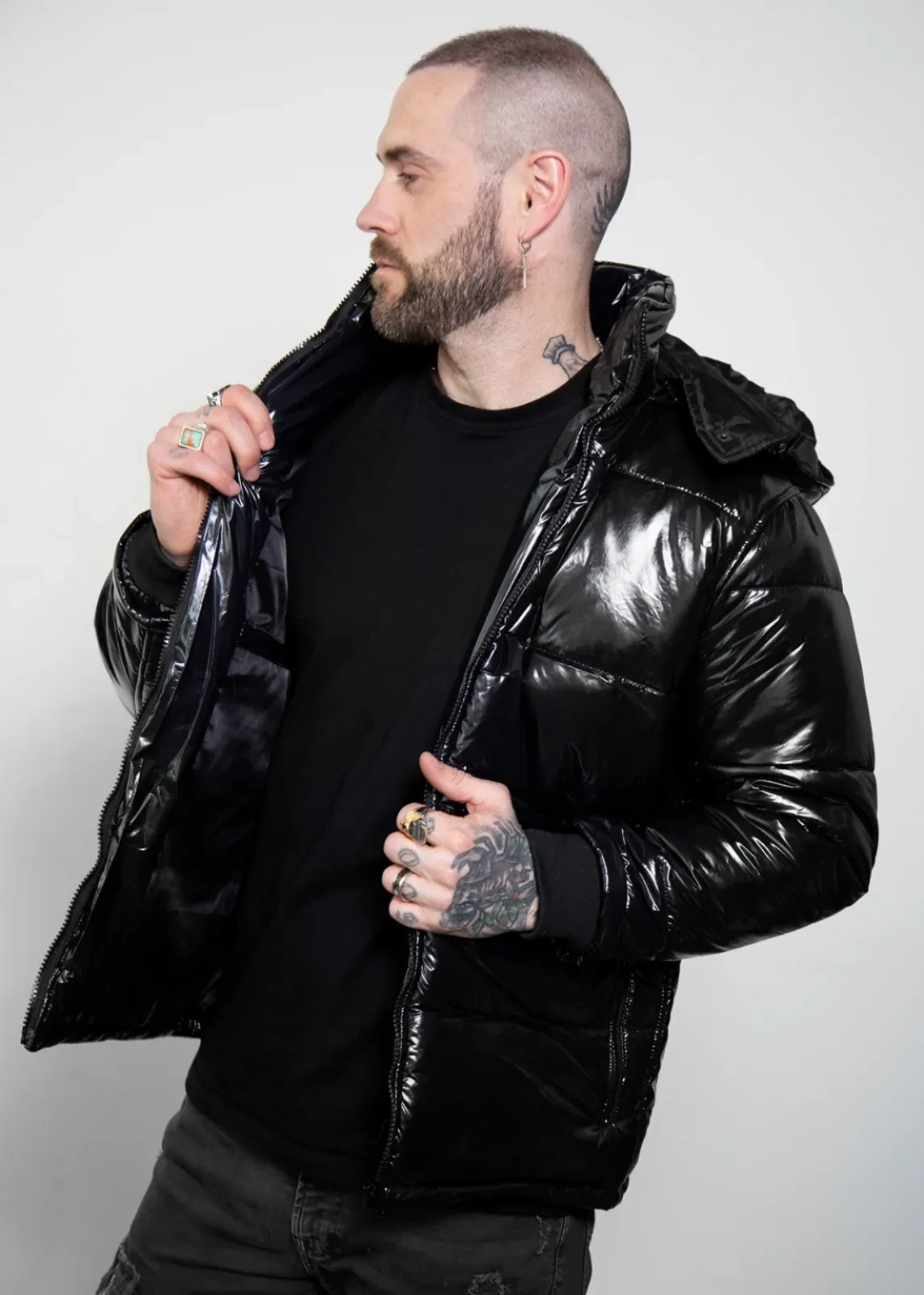 Black Puffer Jacket with Hood | Shiny Puffer Jacket Mens