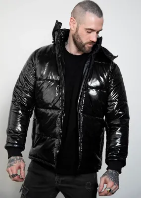 Black Puffer Jacket with Hood | Shiny Puffer Jacket Mens