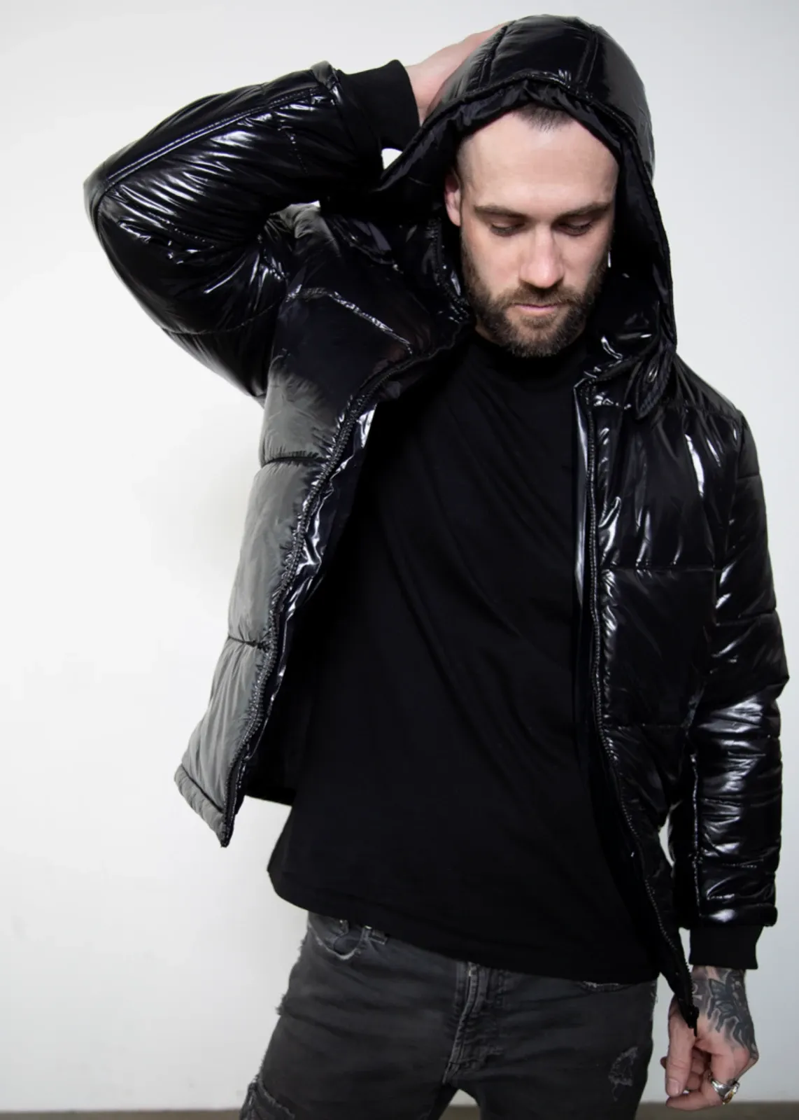 Black Puffer Jacket with Hood | Shiny Puffer Jacket Mens