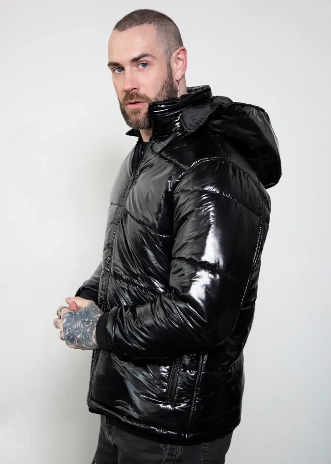 Black Puffer Jacket with Hood | Shiny Puffer Jacket Mens