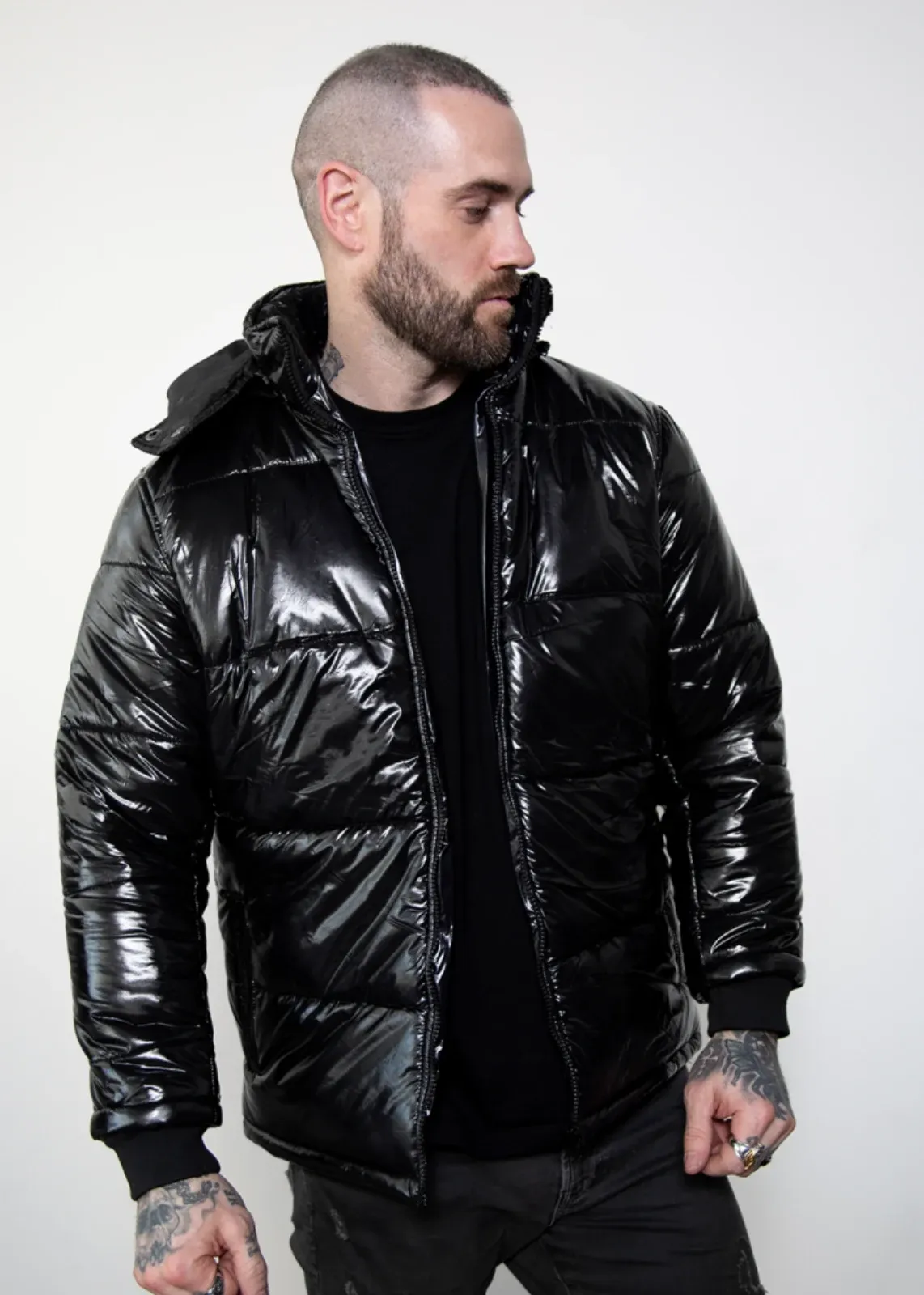 Black Puffer Jacket with Hood | Shiny Puffer Jacket Mens