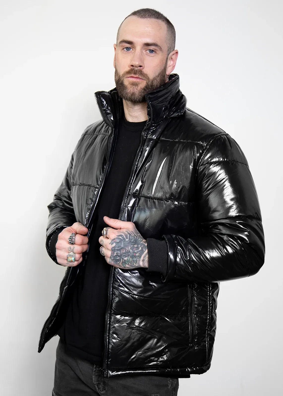 Black Puffer Jacket with Hood | Shiny Puffer Jacket Mens