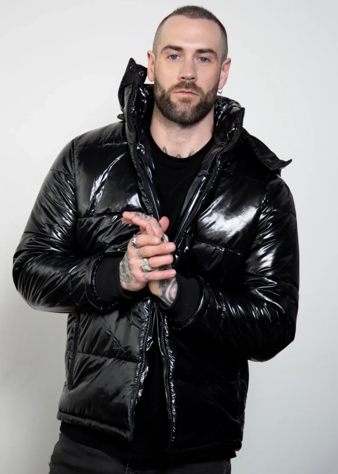 Black Puffer Jacket with Hood | Shiny Puffer Jacket Mens