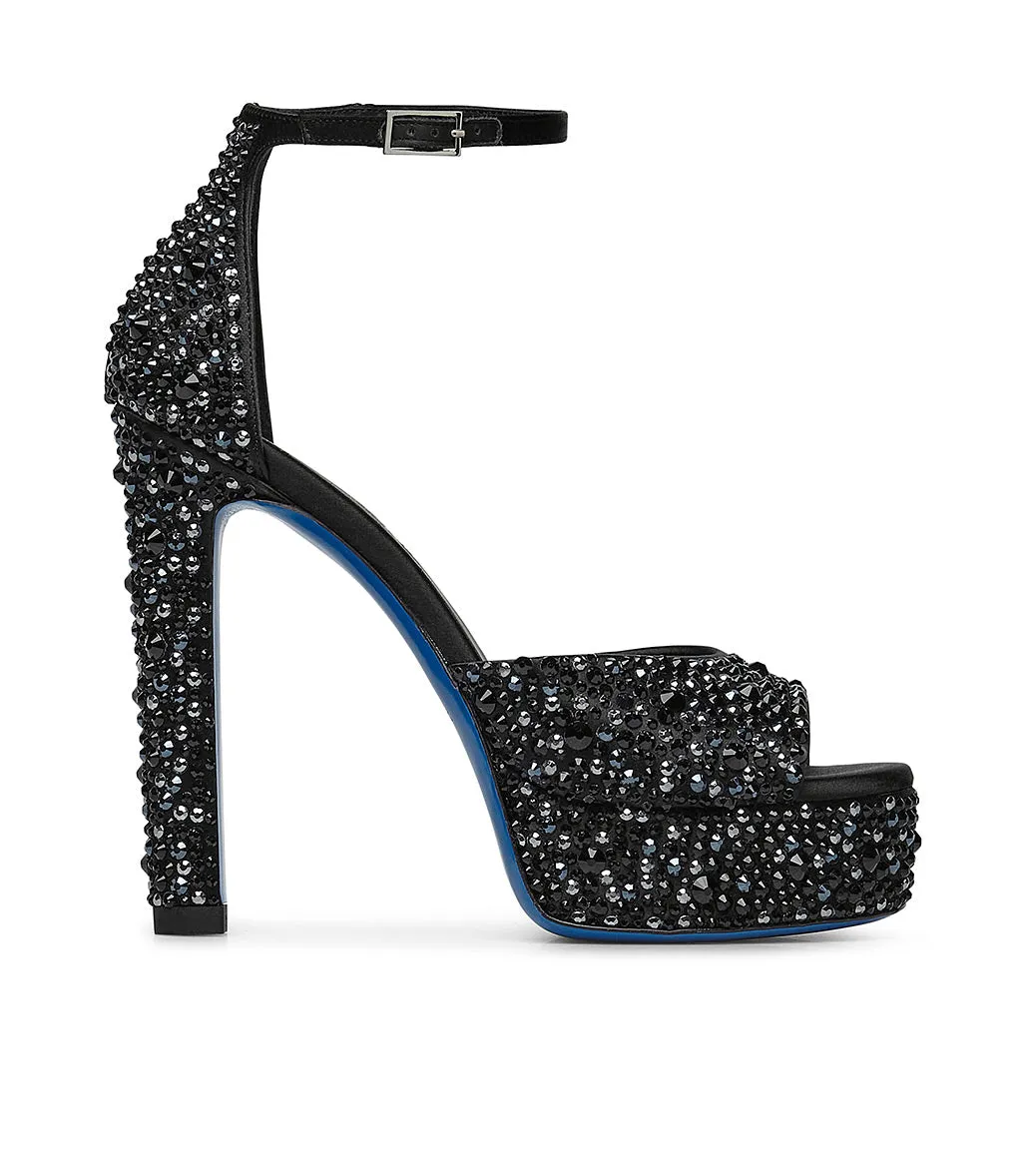 Black Satin Platform Sandals with Crystals