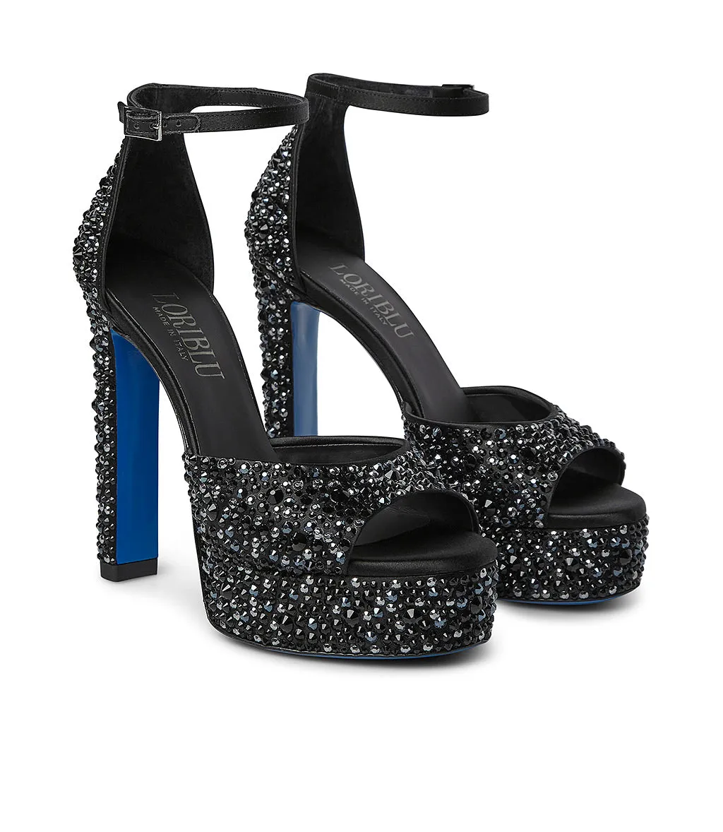 Black Satin Platform Sandals with Crystals