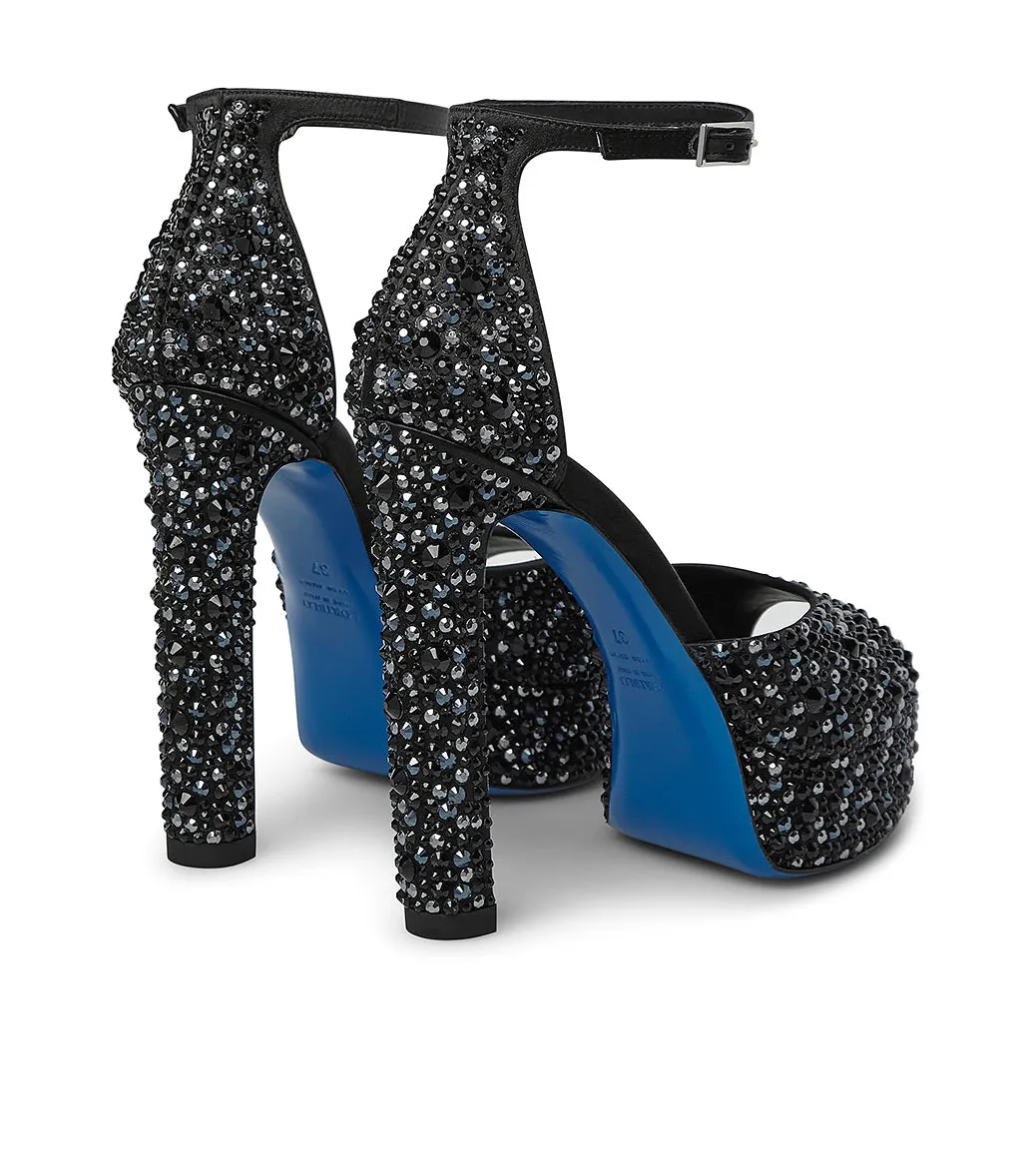 Black Satin Platform Sandals with Crystals