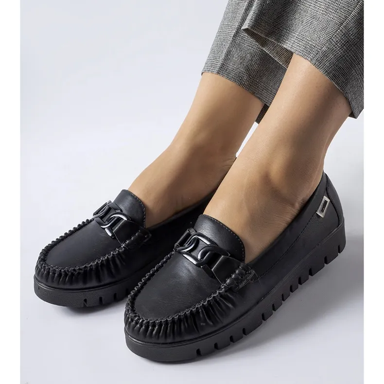 Black wedge buckle moccasins