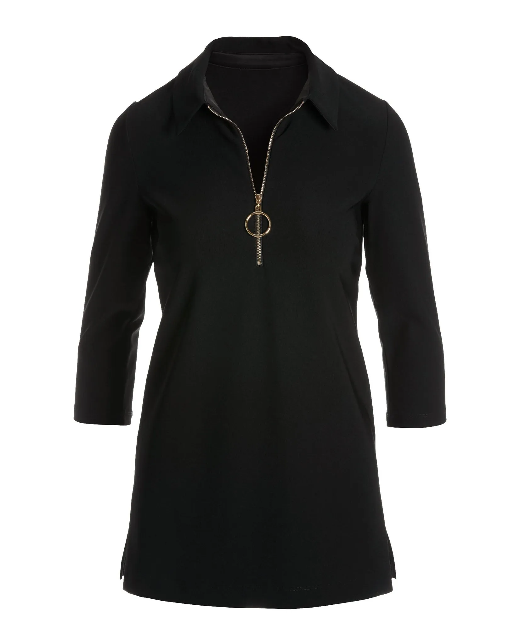 Black Zip Front Tunic Top with Collared Ring Detail for Travel