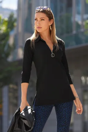 Black Zip Front Tunic Top with Collared Ring Detail for Travel