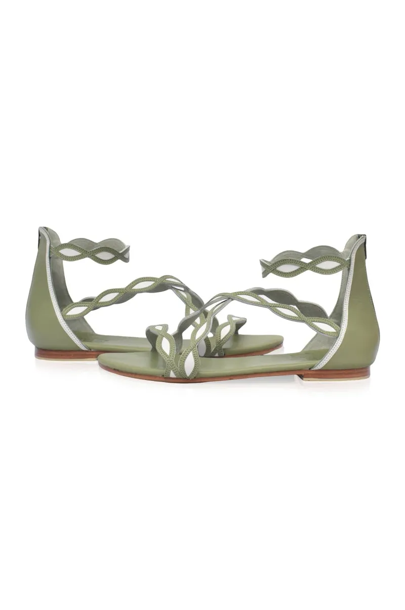 Leather Sandals in Olive and White by Blossom