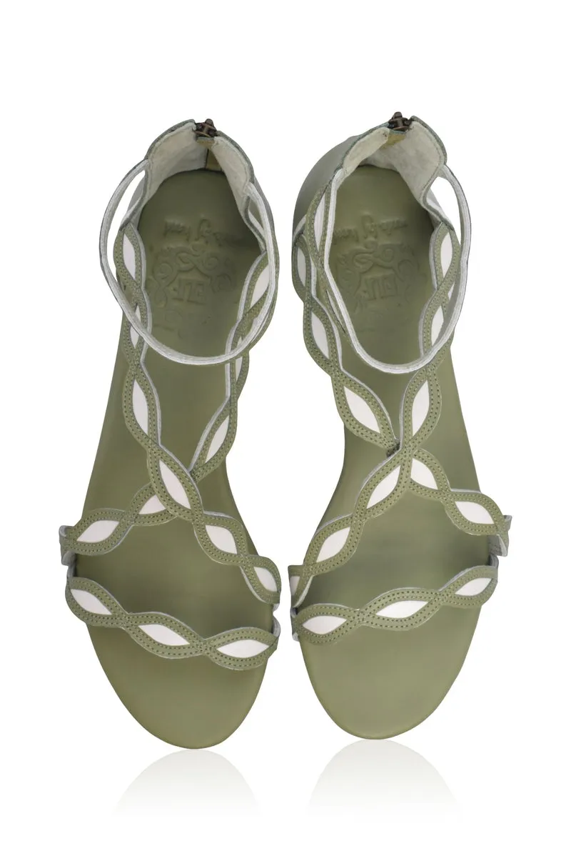 Leather Sandals in Olive and White by Blossom