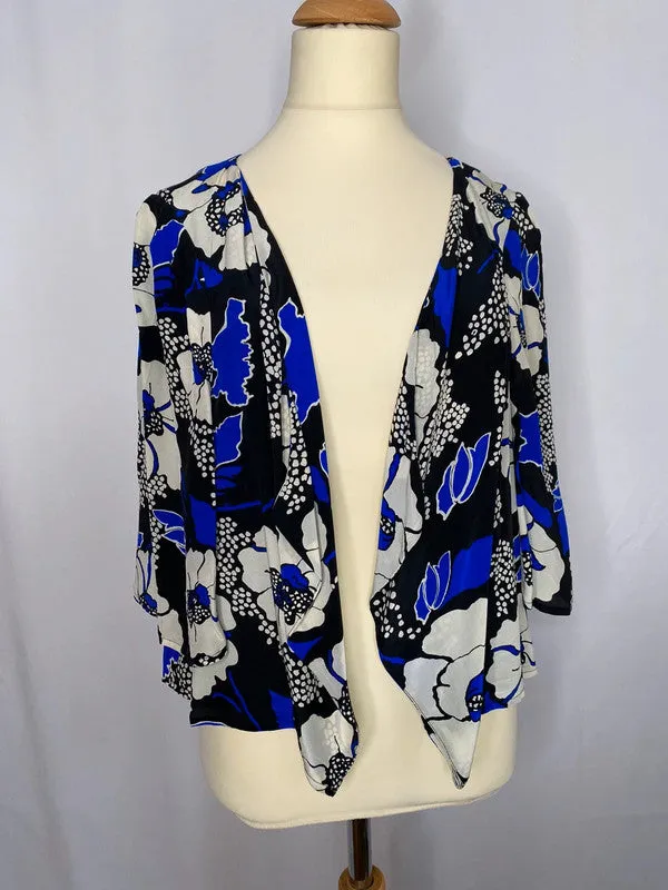 Blue Black Silk Floral Print Waterfall Front Kimono Jacket Oasis 8