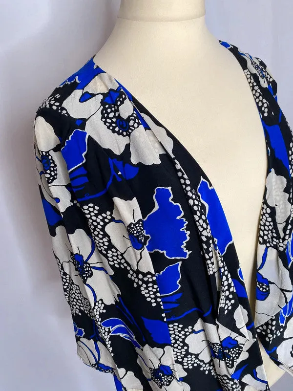 Blue Black Silk Floral Print Waterfall Front Kimono Jacket Oasis 8