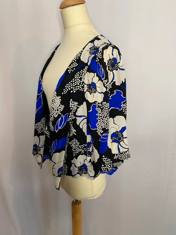 Blue Black Silk Floral Print Waterfall Front Kimono Jacket Oasis 8