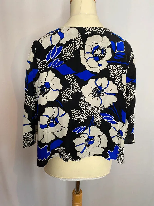 Blue Black Silk Floral Print Waterfall Front Kimono Jacket Oasis 8