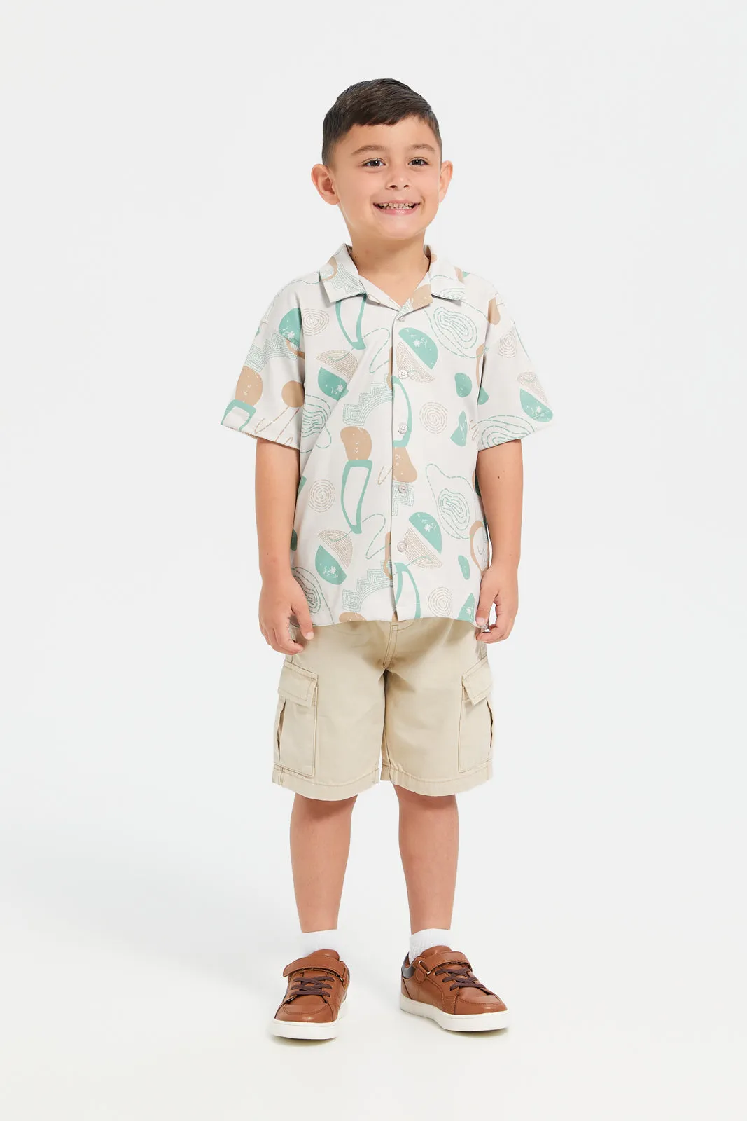 Boys Ivory Short Sleeve Printed Knit Shirt