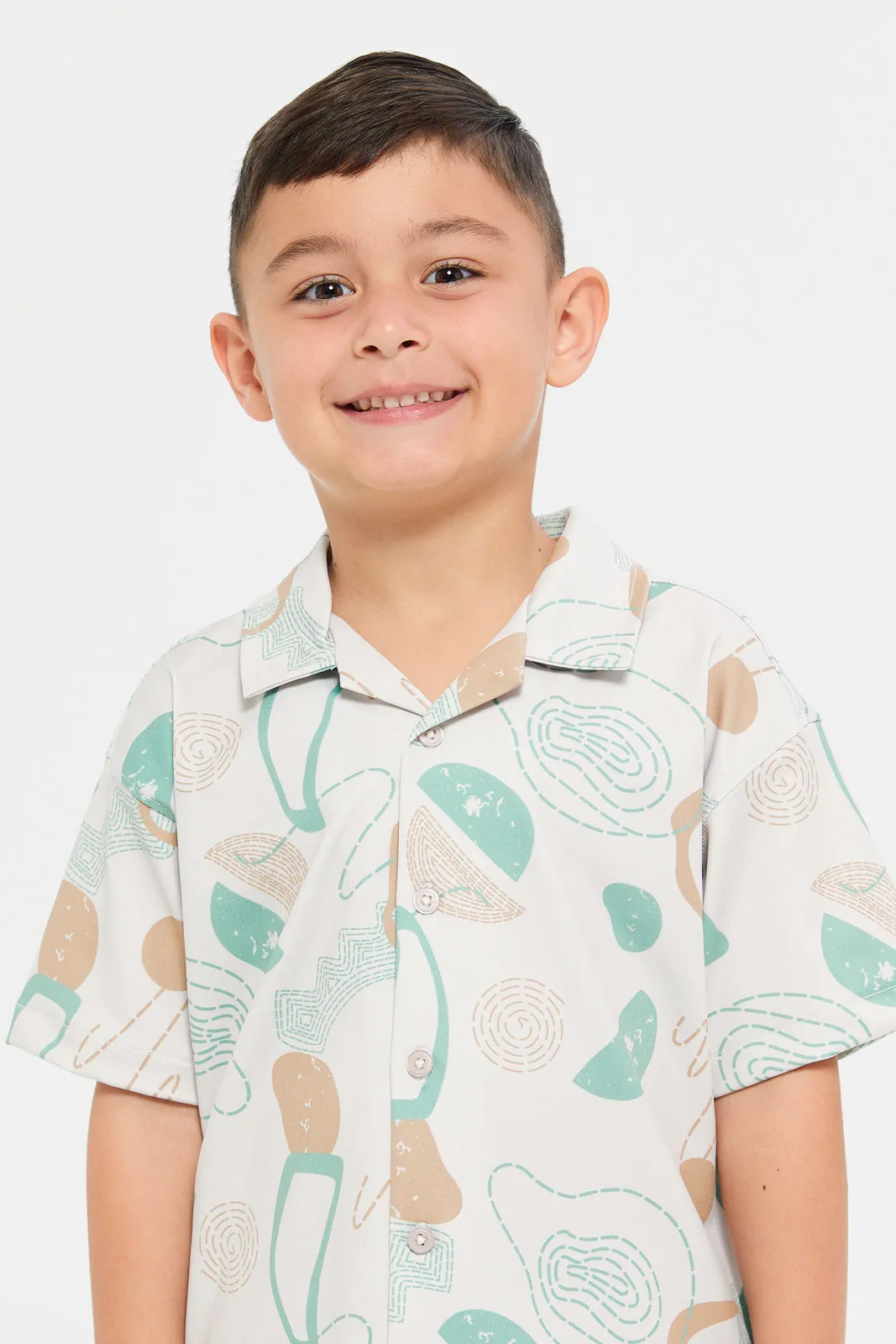 Boys Ivory Short Sleeve Printed Knit Shirt