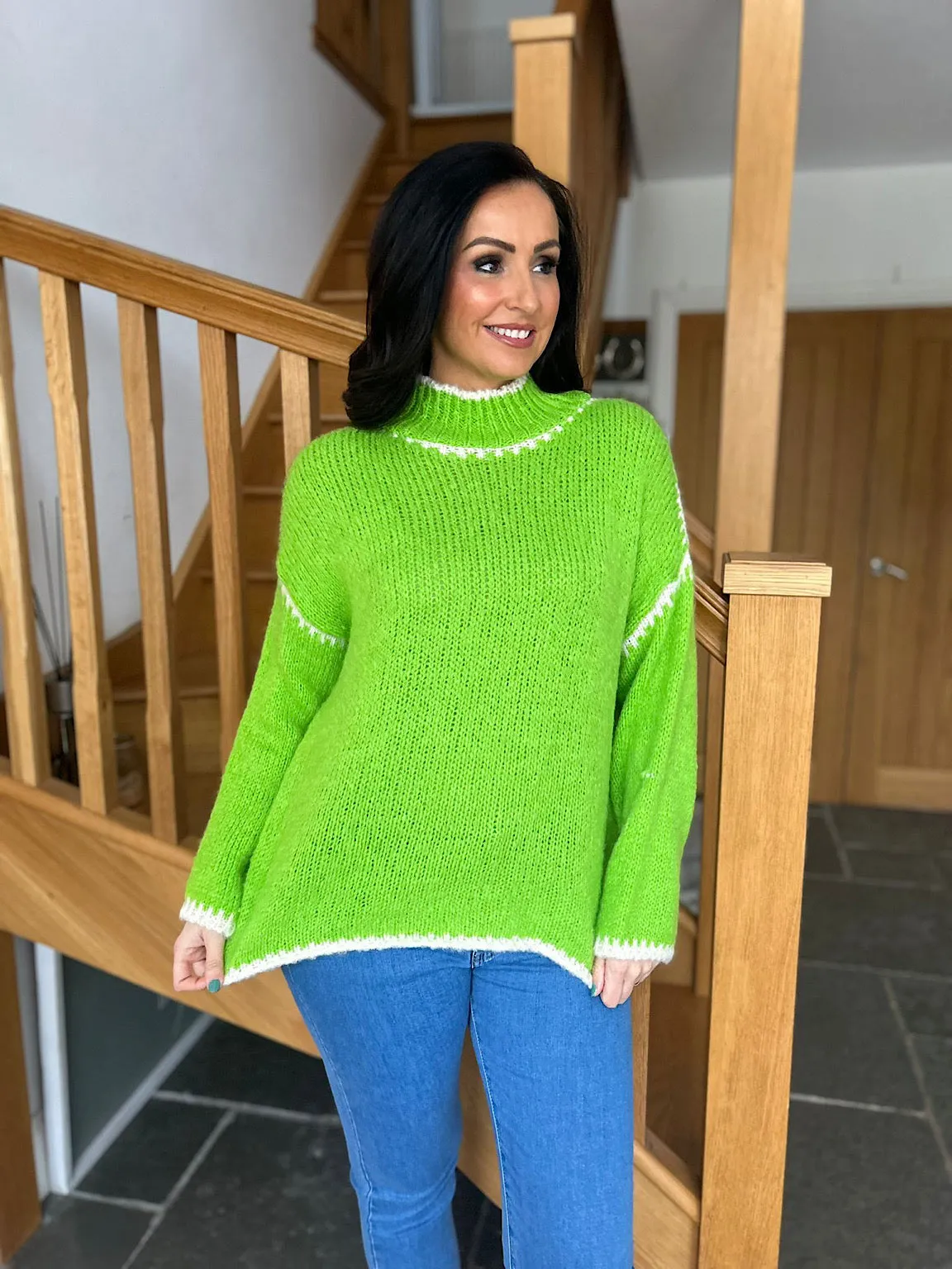 High Neck Kia Bright Green Blanket Stitch