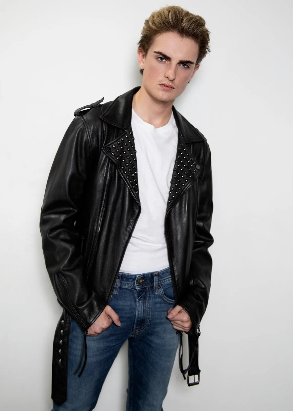 Buy Mens El Diablo Studded Collar Black Moto Leather Jacket