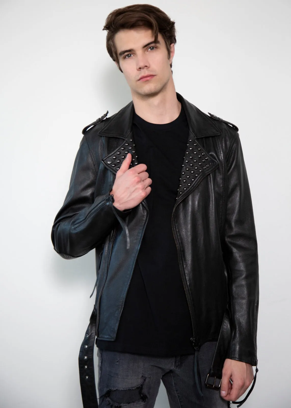 Buy Mens El Diablo Studded Collar Black Moto Leather Jacket