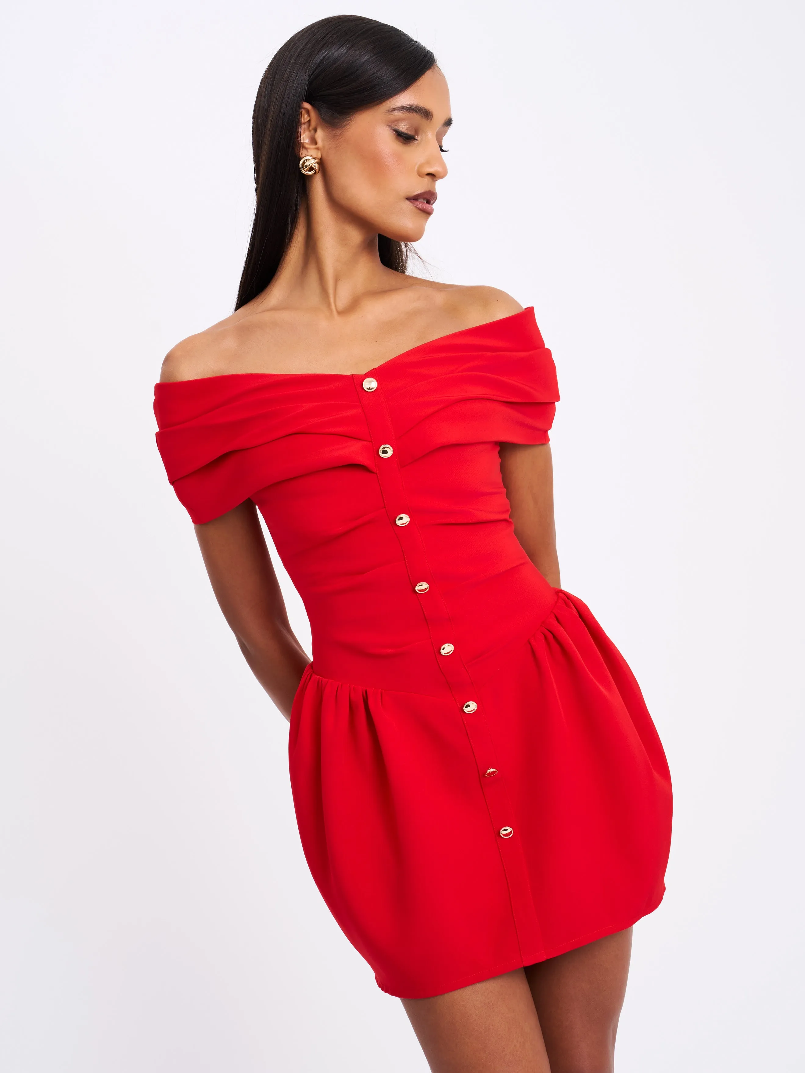 Cait Red Off Shoulder Drop Waist Mini Dress