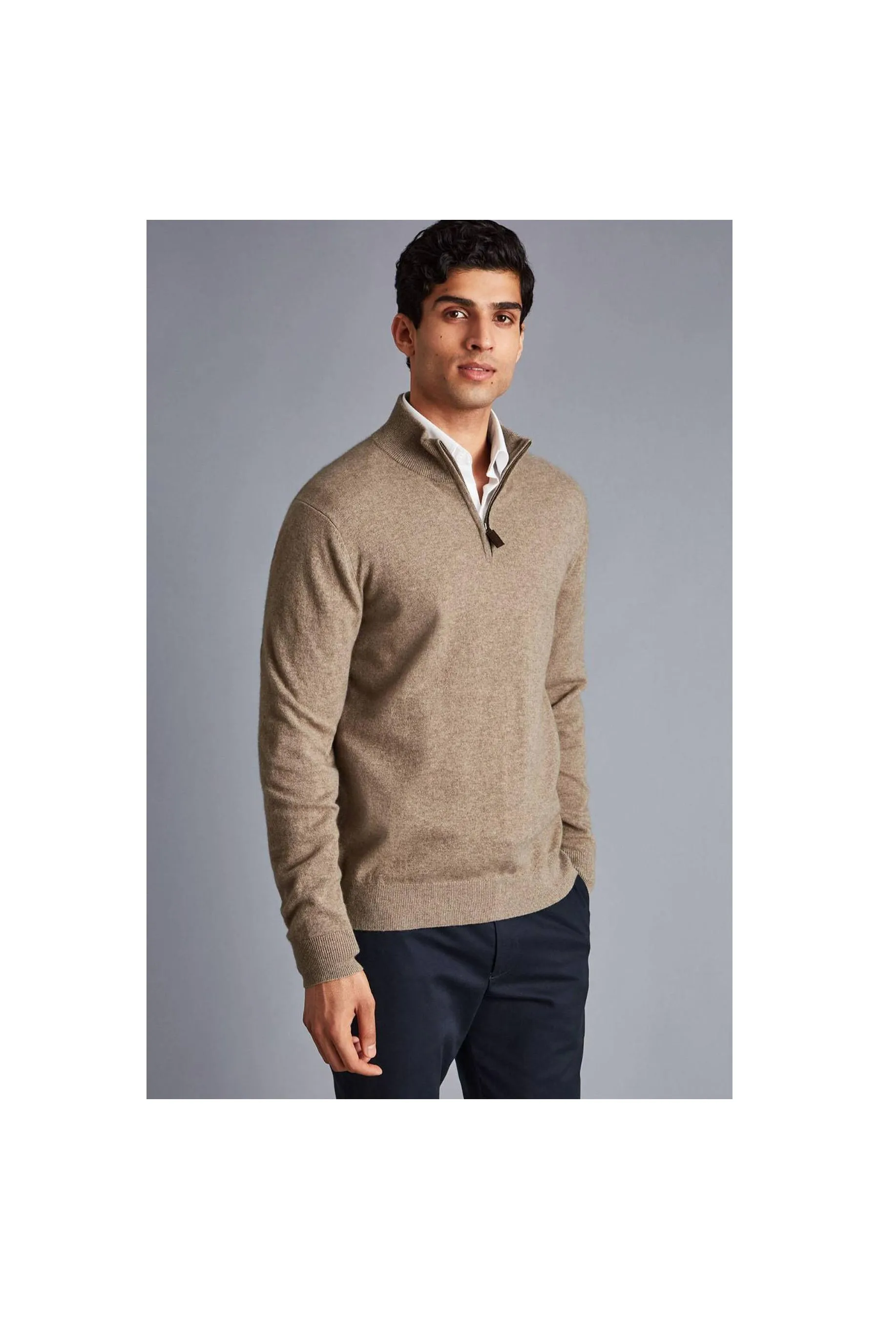 Cashmere Zip Neck Jumper for Men - Oatmeal Mocha Color by CHARLES TYRWHITT