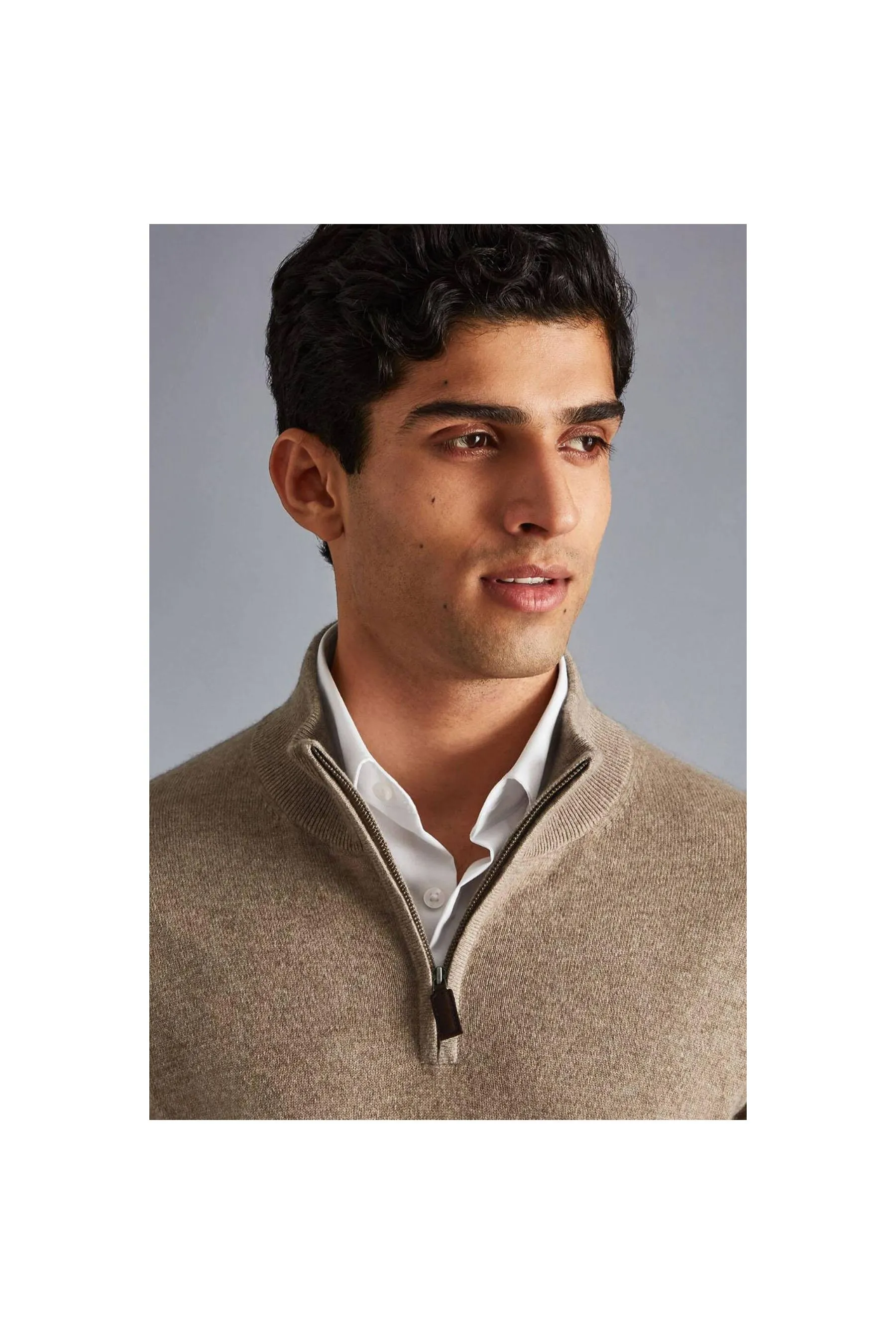 Cashmere Zip Neck Jumper for Men - Oatmeal Mocha Color by CHARLES TYRWHITT