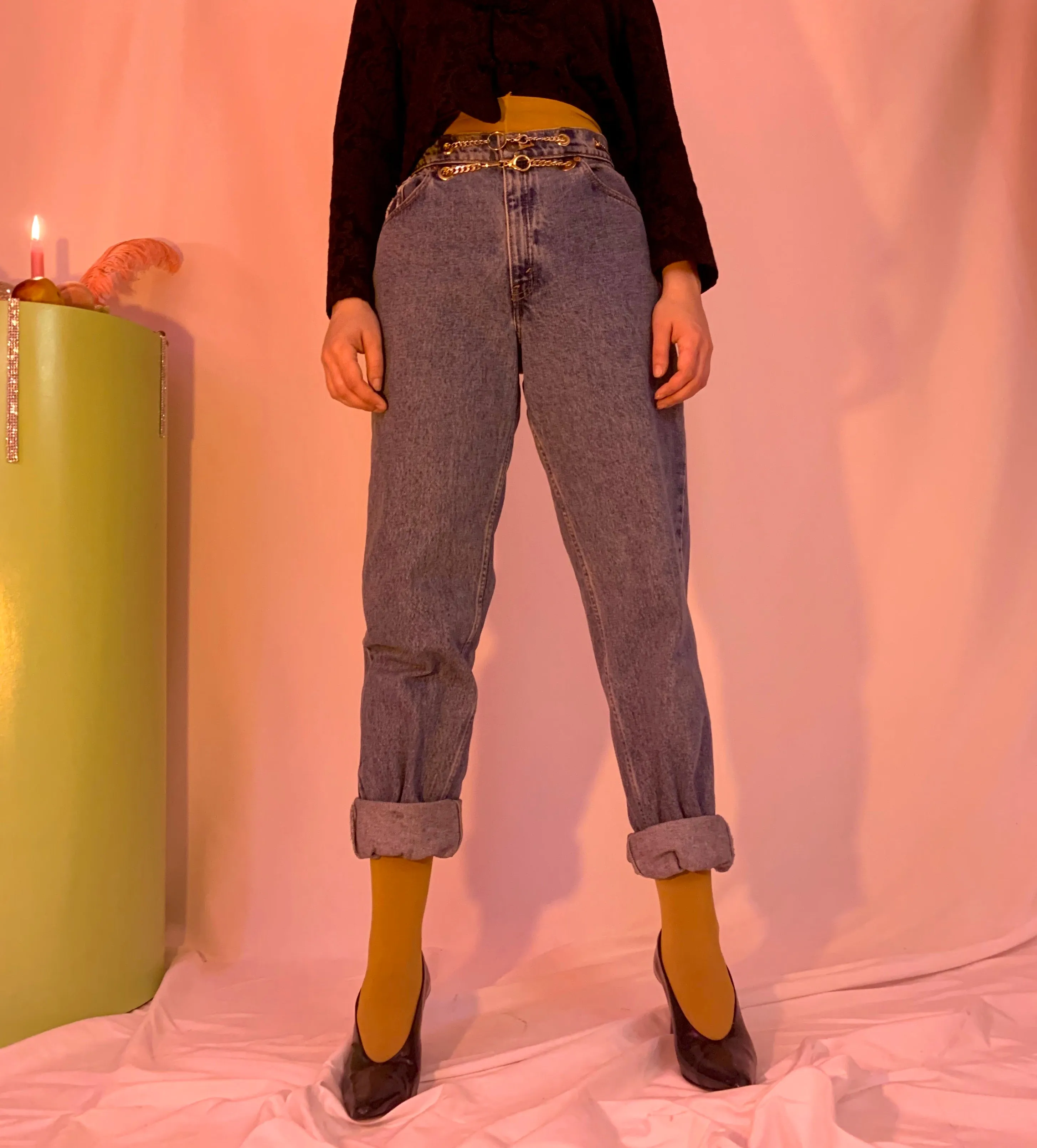 Chain belt high rise tapered jeans - Top search result.