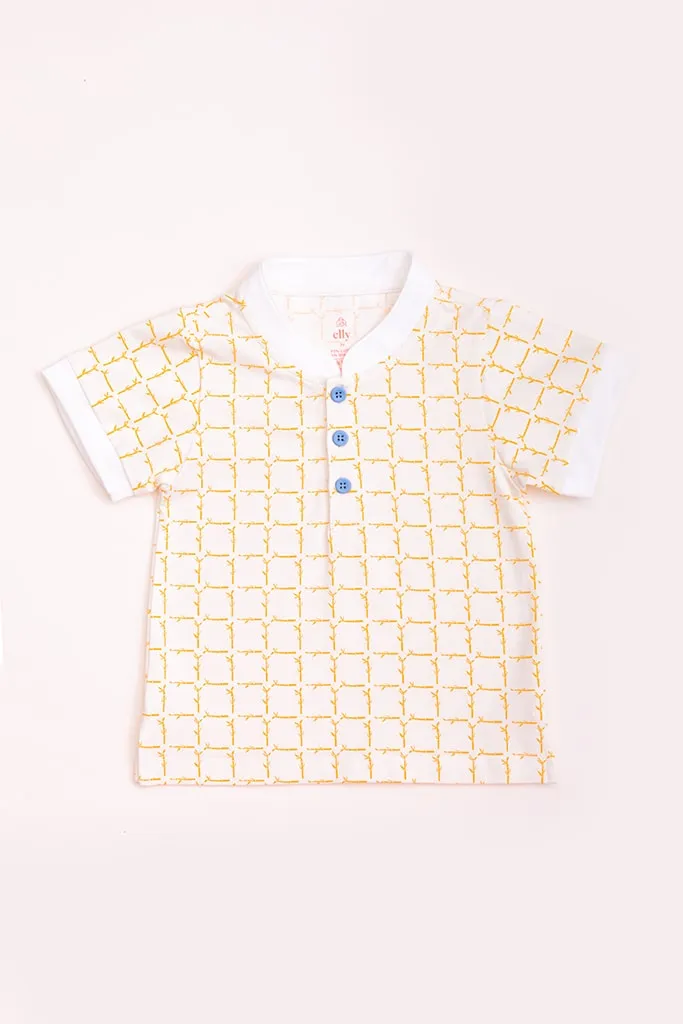 Cream Bamboo Tiles Mandarin-Collared Polo Shirt