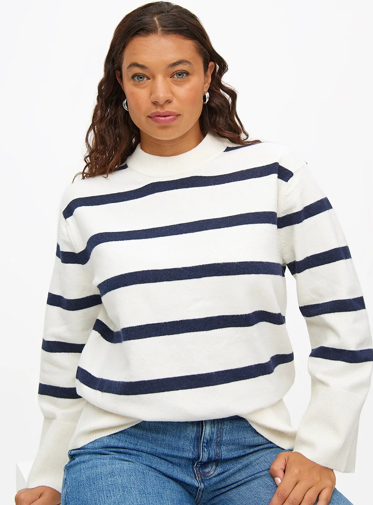 Cream Stripe Relaxed Crew Neck Jumper | Size 10 | Shop Jumpers at Tu.