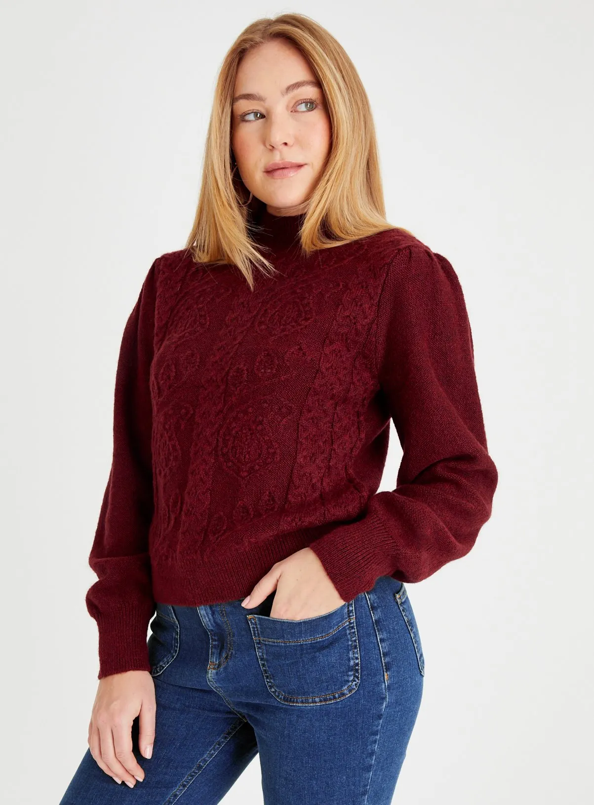 Dark Red Cable Knit High Neck Jumper XL | Tu Clothing