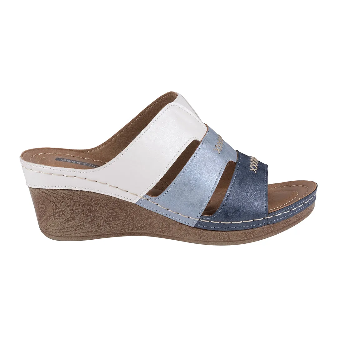 Delores White Multi-Tone Triple Band Contrast Wedge Sandals