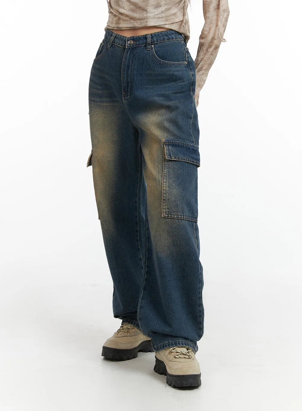 IJ411 High Waist Wide Leg Pocket Cargo Denim Jeans