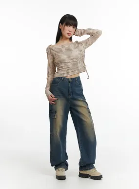 IJ411 High Waist Wide Leg Pocket Cargo Denim Jeans