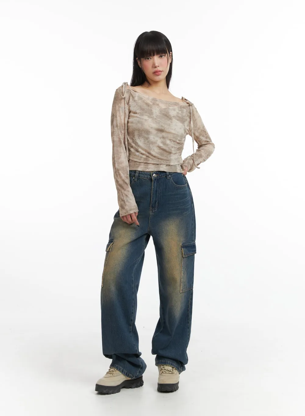 IJ411 High Waist Wide Leg Pocket Cargo Denim Jeans